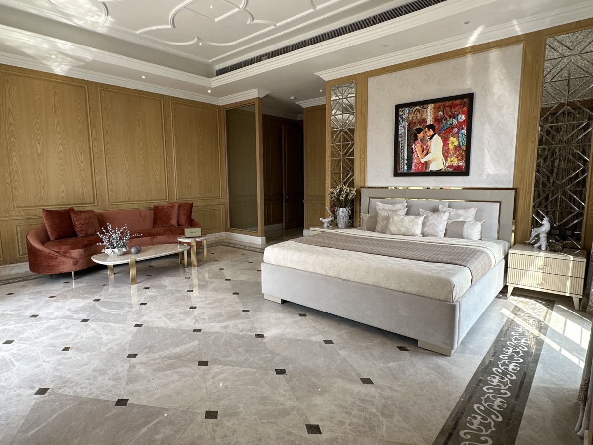 Custom bedroom with an upholstered Minnoli bed