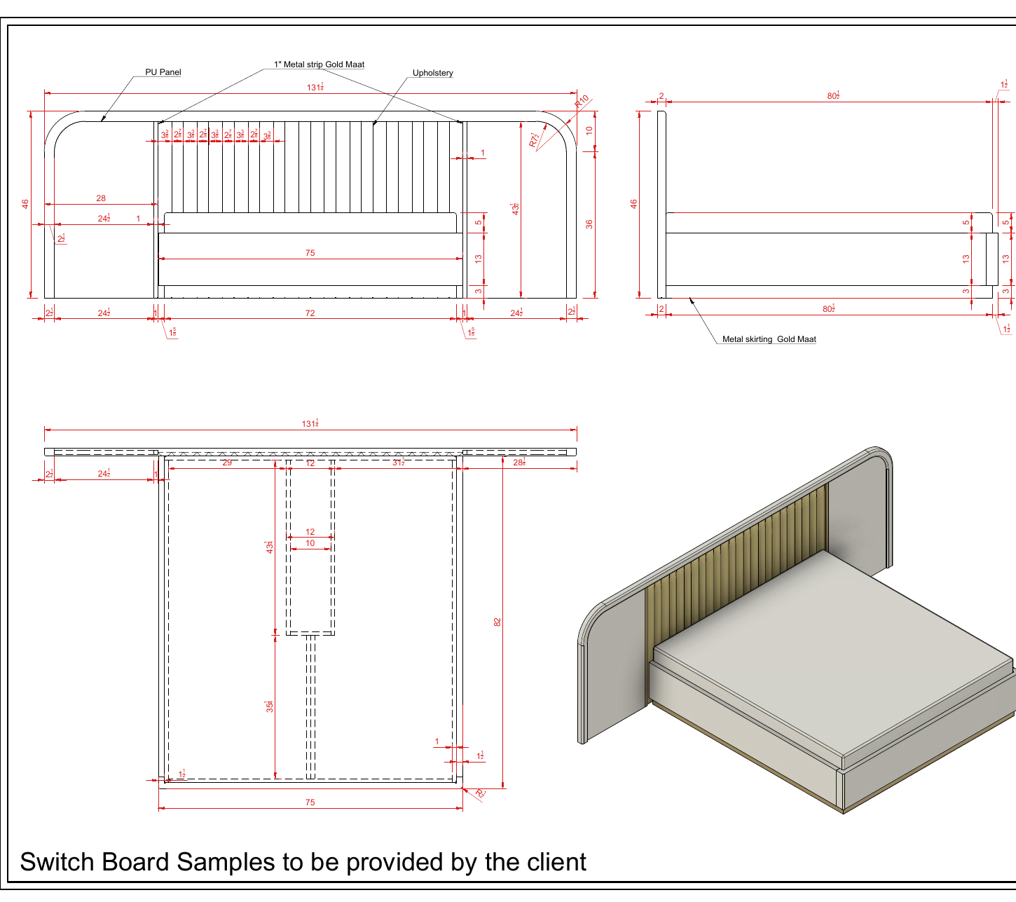Technical elevations and production drawing for a custom Minnoli bed
